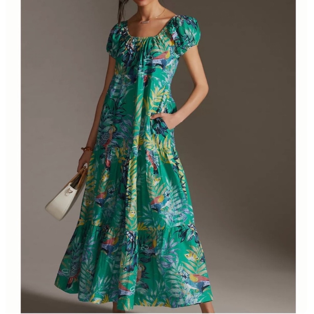 NEW Anthropologie Maeve Size XL Green Leaf Print Tiered Puff Sleeve Maxi Dress